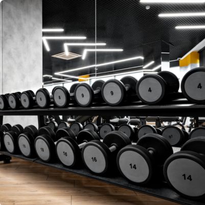 Rack de halteres organizados em suporte.